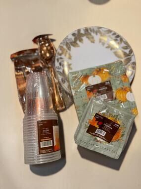 Thanksgiving Party Set Gold Leaf Melamine Plates Sage Napkins Cups Cutlery